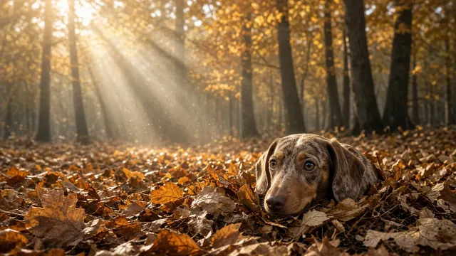 Dapple Dachshund Peeking from Autumn Foliage Wallpaper