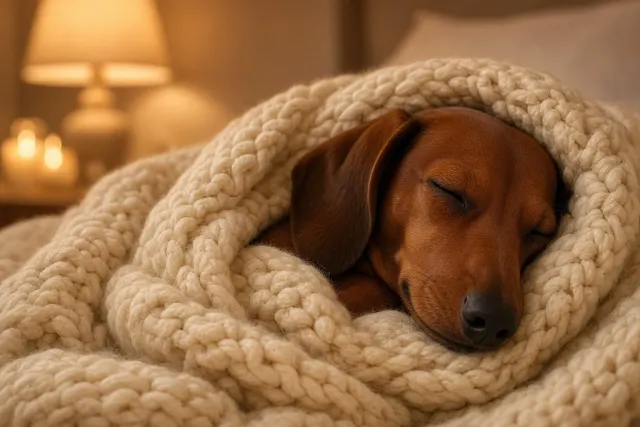 Smooth Red Dachshund Snuggled in Chunky Wool Blanket