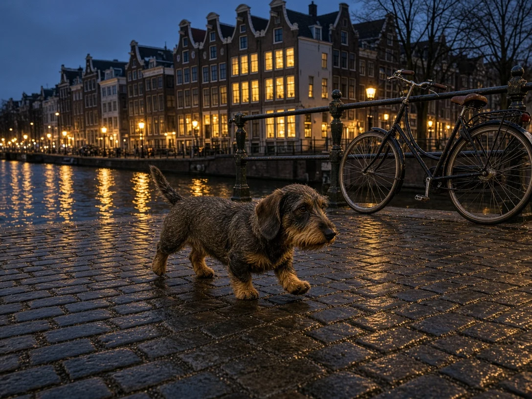 Wirehaired Dachshund on Historic Amsterdam Cobblestone Canal
