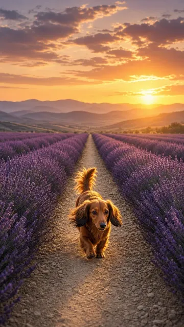 Longhaired Red Dachshund Trotting through Provence Lavender Fields