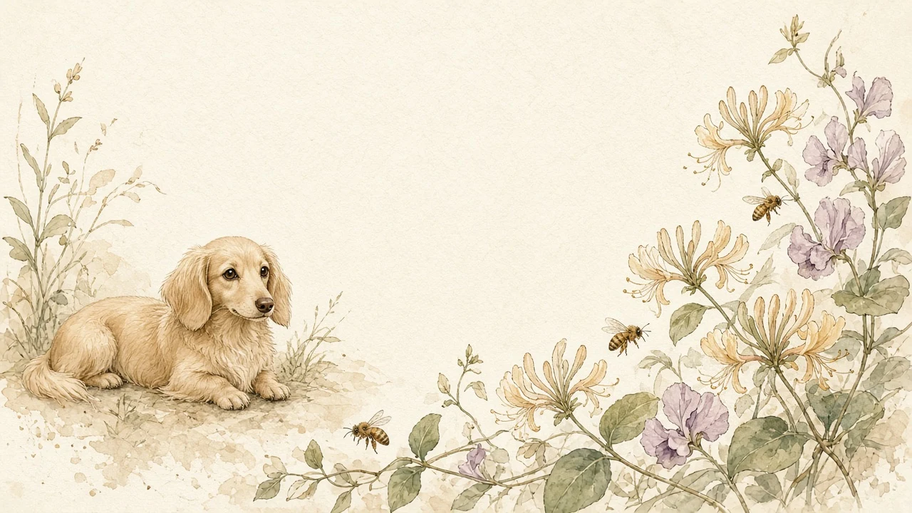 Botanical Watercolor and Fine Ink Illustration of Longhaired Dachshund