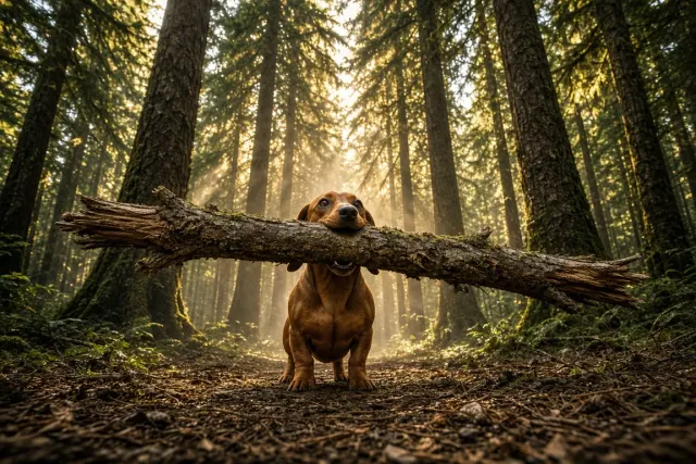 Determined Smooth Dachshund Carrying Oversized Stick on Forest Trail