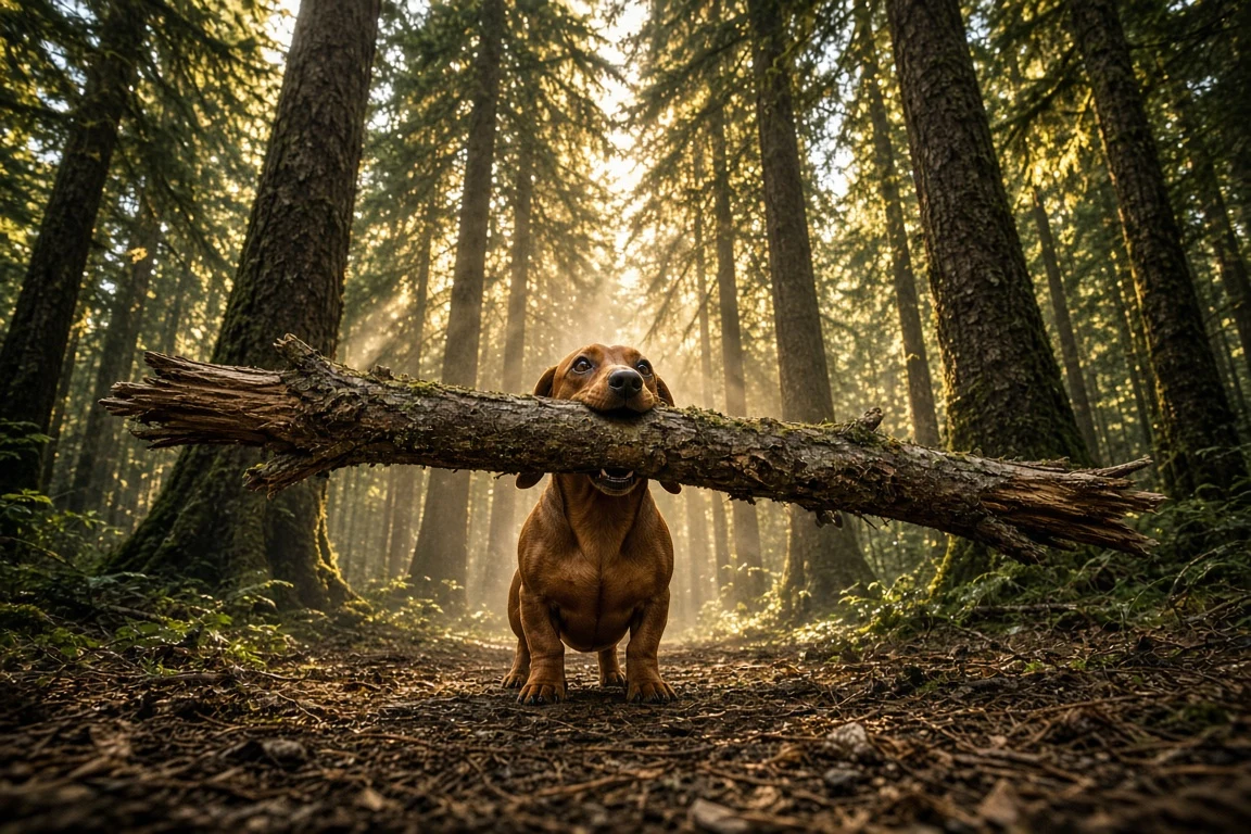 Determined Smooth Dachshund Carrying Oversized Stick on Forest Trail