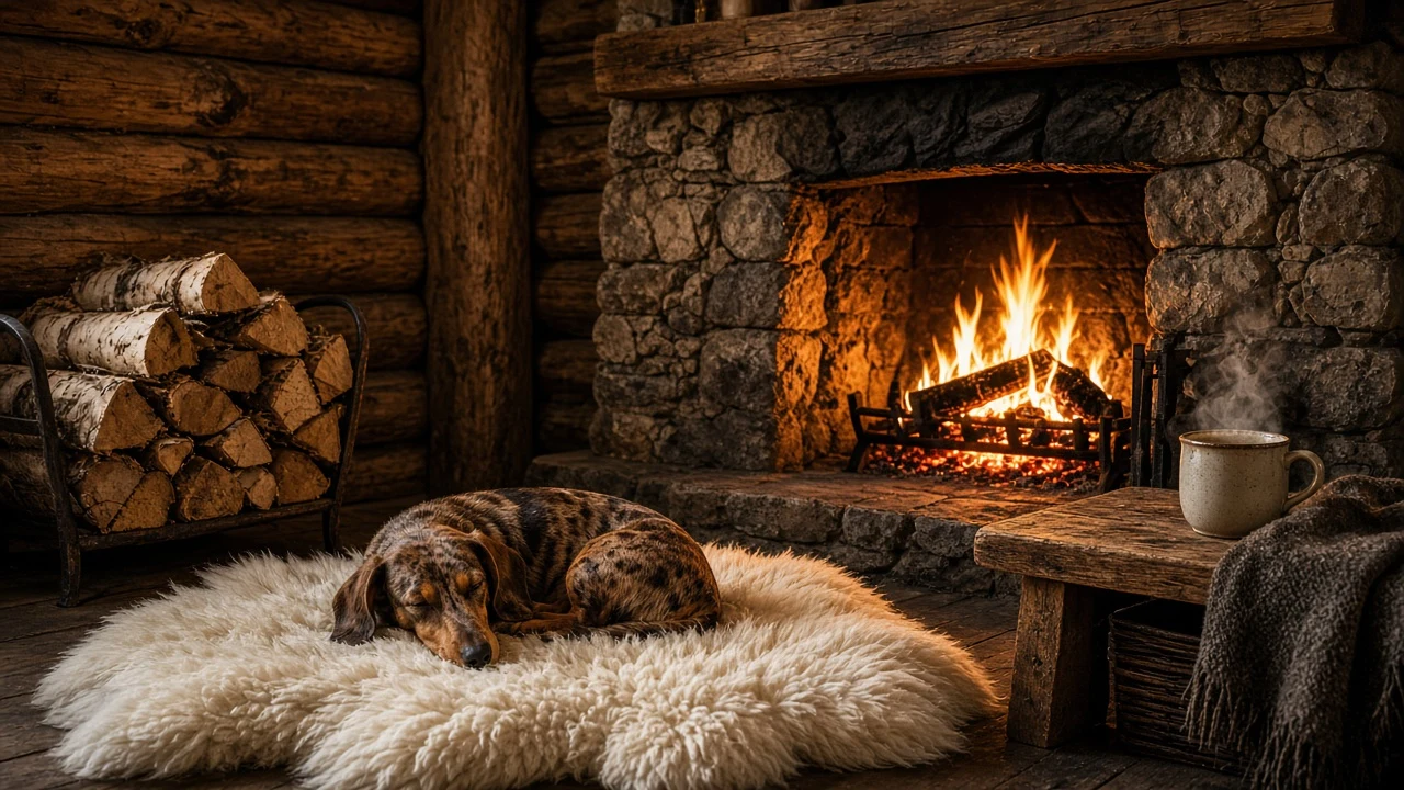 Dapple Dachshund by Rustic Stone Fireplace in Mountain Log Cabin