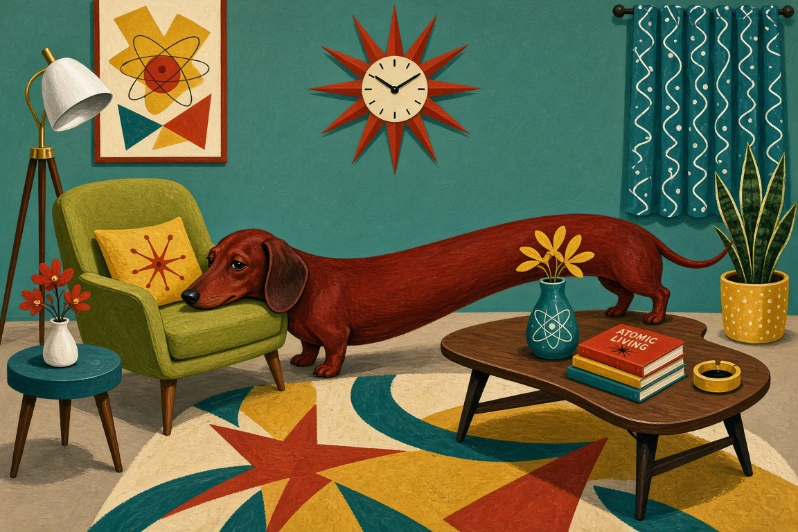Retro Gouache Illustration of Dachshund in Mid-Century Living Room