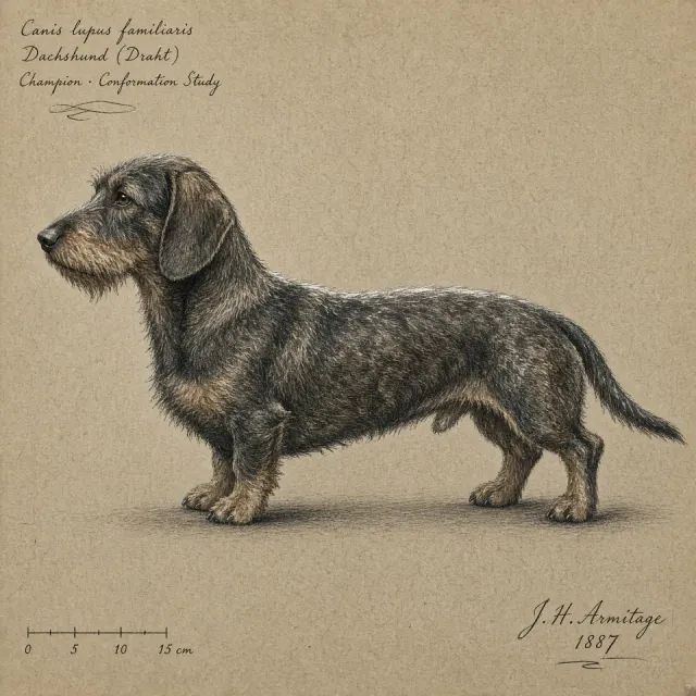 Classical Charcoal and White Chalk Study of Standing Wirehaired Dachshund
