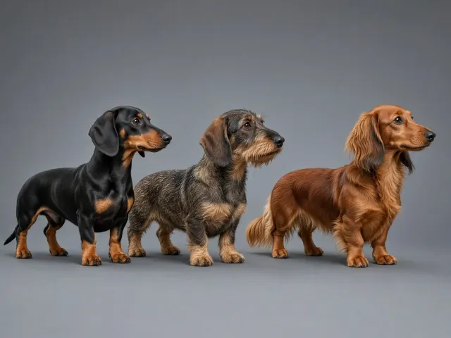 Studio Panorama of Smooth, Wirehaired, and Longhaired Dachshunds