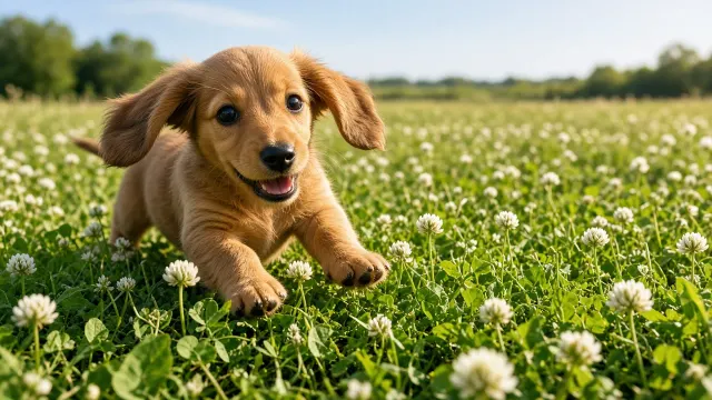 Playful Low-Angle Portrait of Red Dachshund Puppy in Clover Field