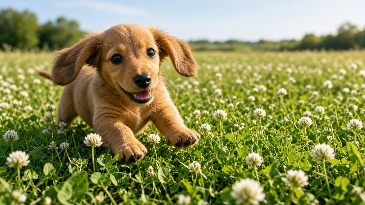 Playful Low-Angle Portrait of Red Dachshund Puppy in Clover Field