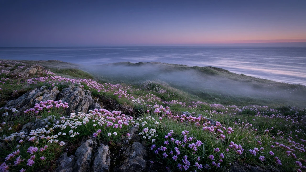 Coastal Cliff Meadow in Blue Hour Sea Mist