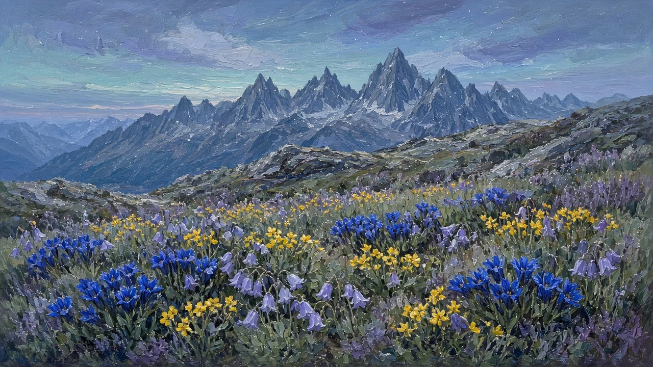 Subalpine Gentian Slope in Gouache and Oil