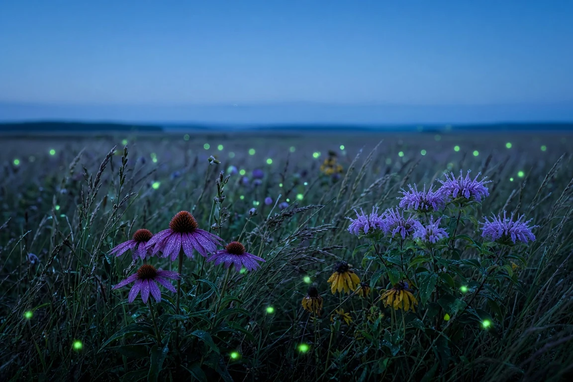 Tallgrass Prairie with Coneflowers and Bioluminescent Fireflies