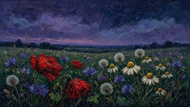 Nocturne Meadow with Slumbering Poppies in Thick Impasto
