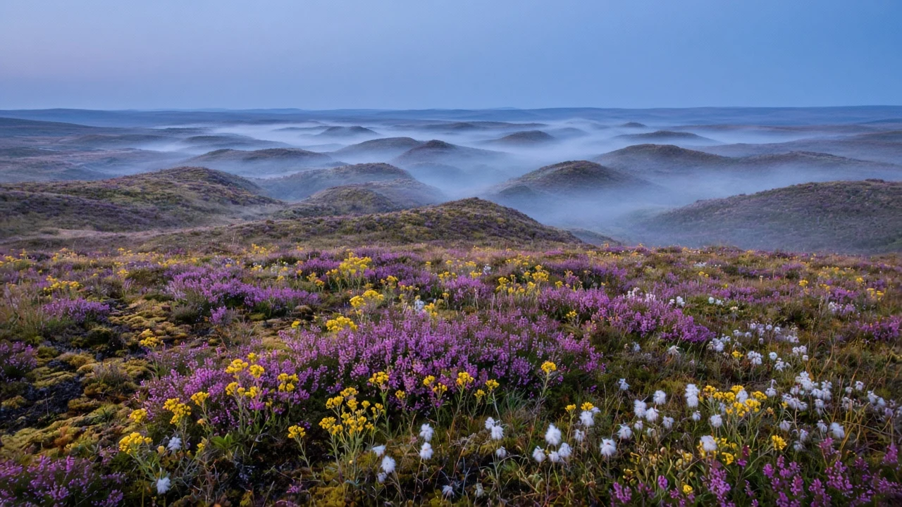 Heather and Bog Asphodel Moorland Under Pre-Dawn Mist