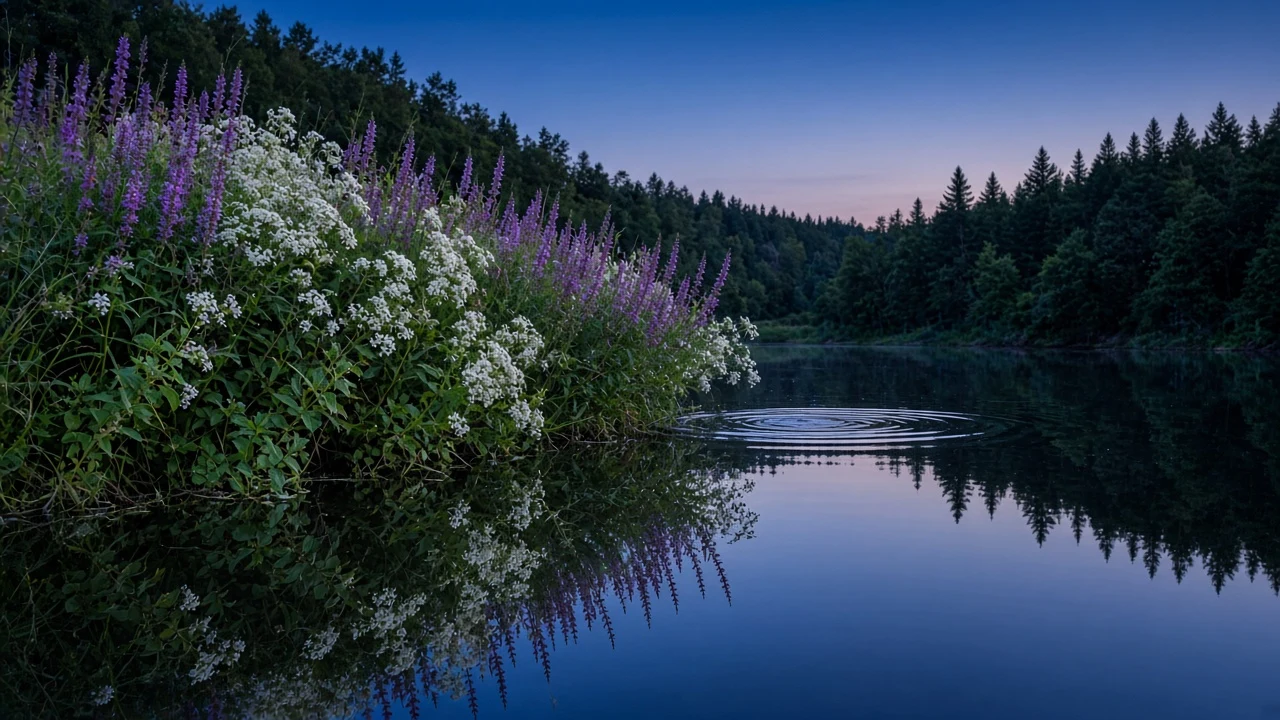 Riverbank Meadow Reflection at Late Nautical Dusk