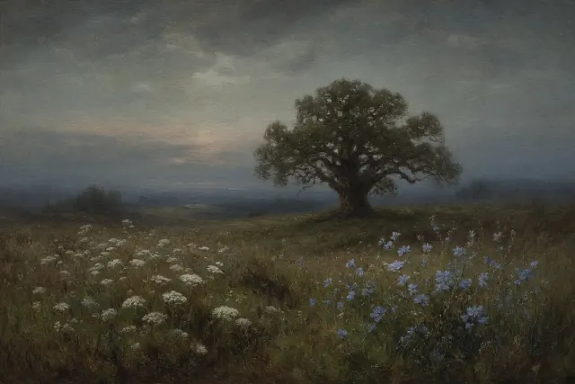 Tonalist Meadow with Chicory and Solitary Sentinel Oak