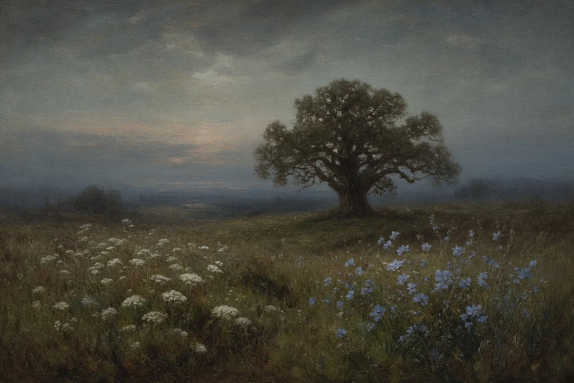 Tonalist Meadow with Chicory and Solitary Sentinel Oak