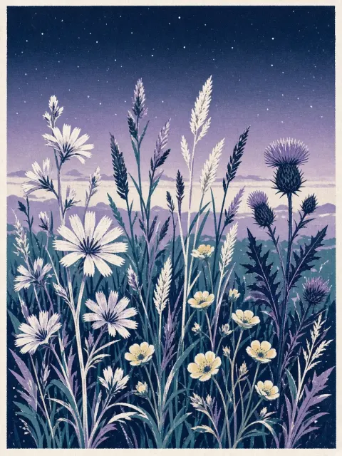Silkscreen Print of Evening Meadow Flora and Wild Grasses