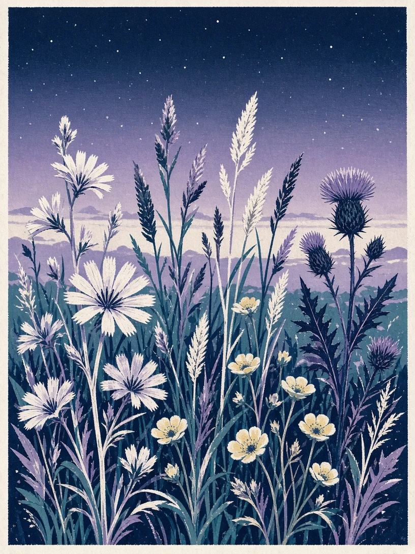 Silkscreen Print of Evening Meadow Flora and Wild Grasses