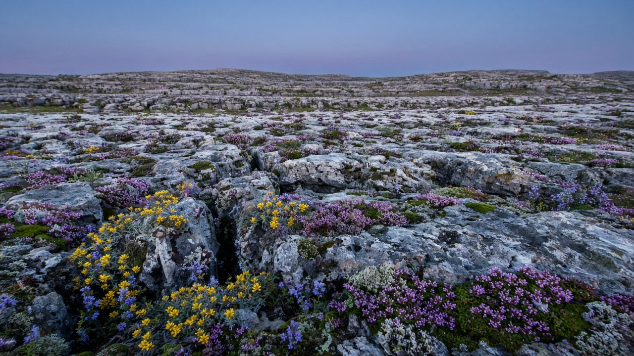 Limestone Karst Plateau Wildflowers in Slate Twilight