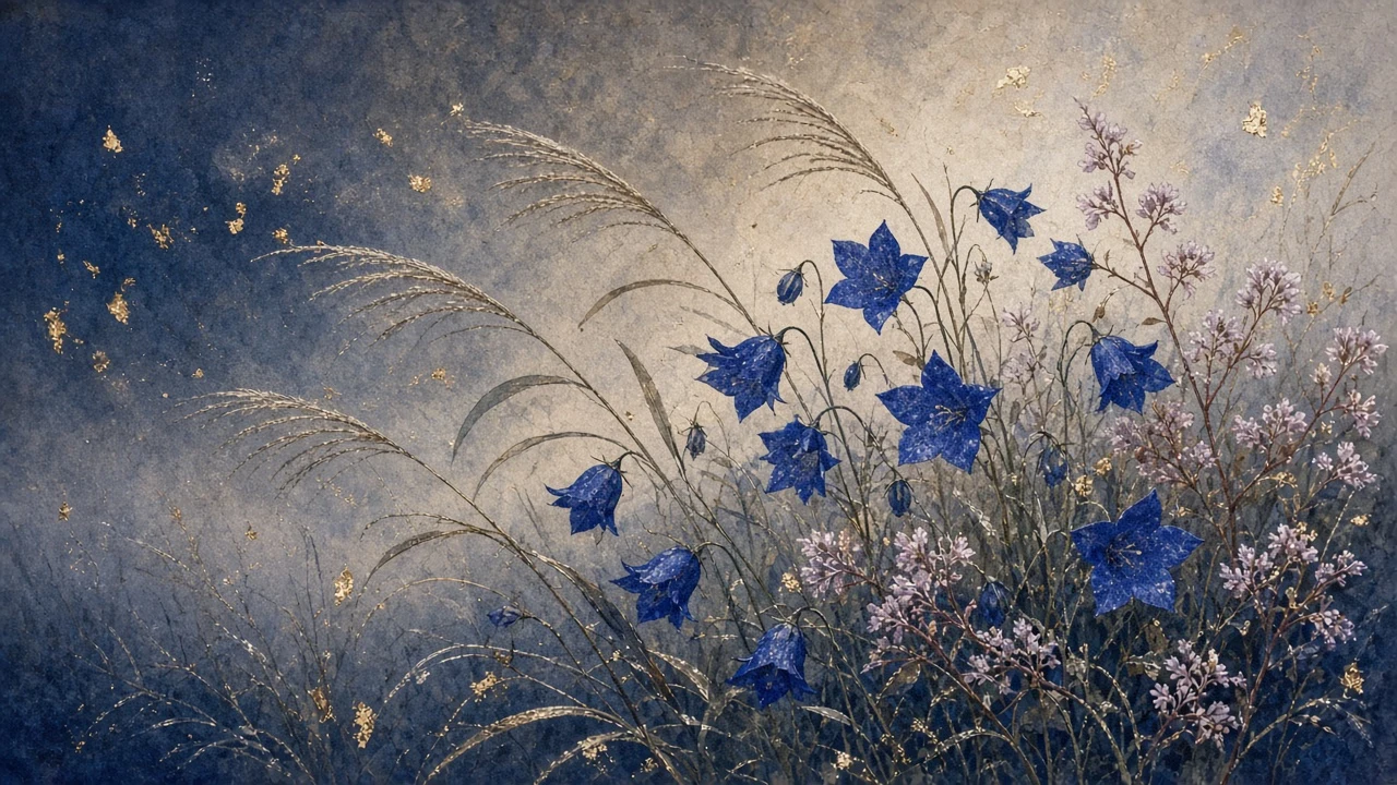 Nihonga Mineral Pigment Meadow of Bellflowers and Grasses