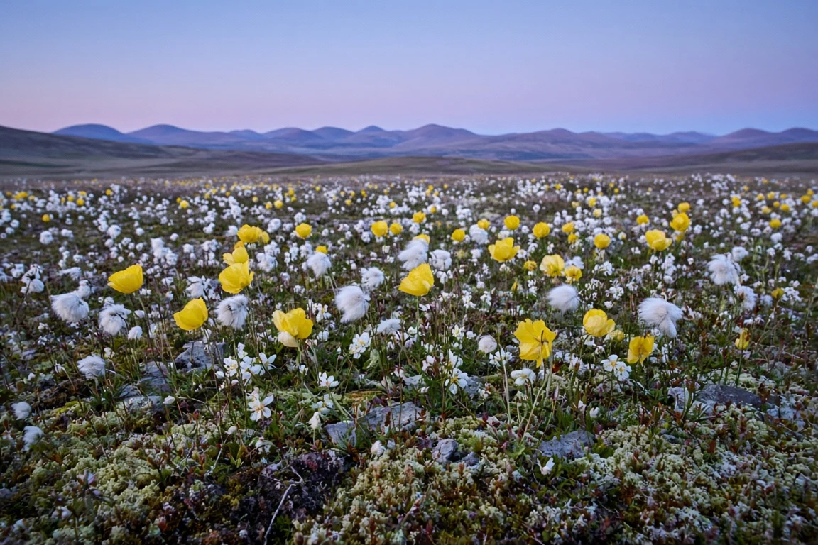 Subarctic Tundra Meadow in Midnight Sun Twilight