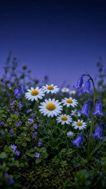 Ground-Level Chamomile and Bluebells Vertical Screen Wallpaper