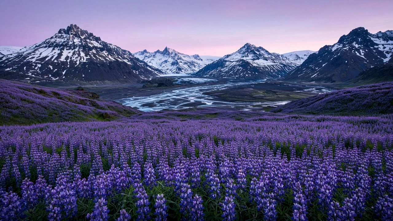 Highland Valley Lupine Panorama in Pre-Dawn Lilac Glow