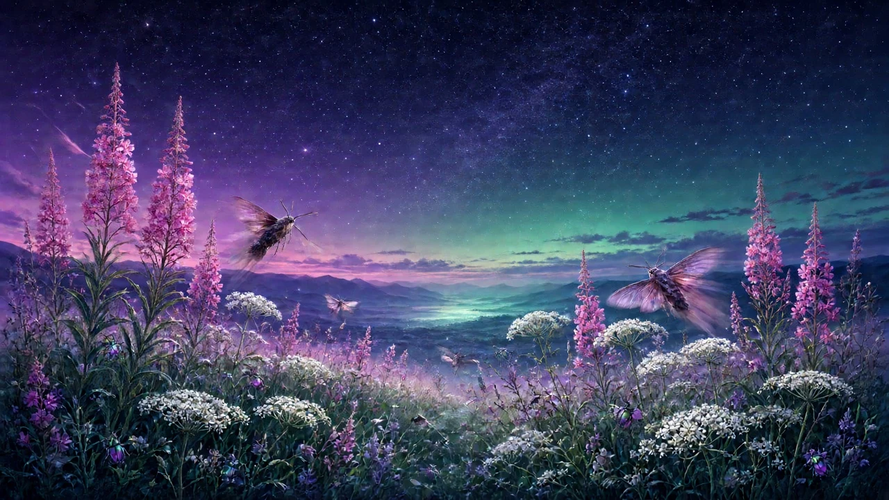 Fireweed and Cow Parsley with Moths Digital Story Art