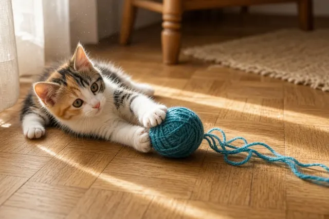 Sunlit Calico Kitten Swatting Teal Merino Wool on Hardwood Floor