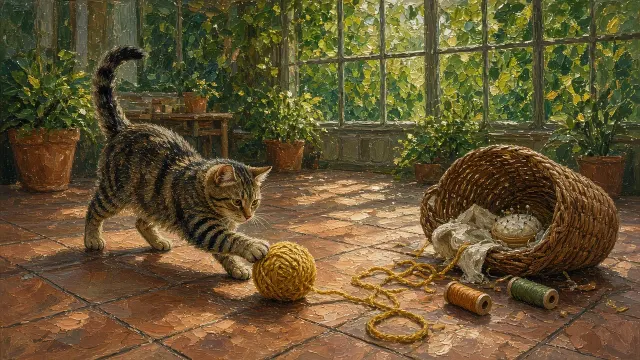 Impressionist Oil Study of a Tabby Batting Mustard Yarn beside Wicker Basket