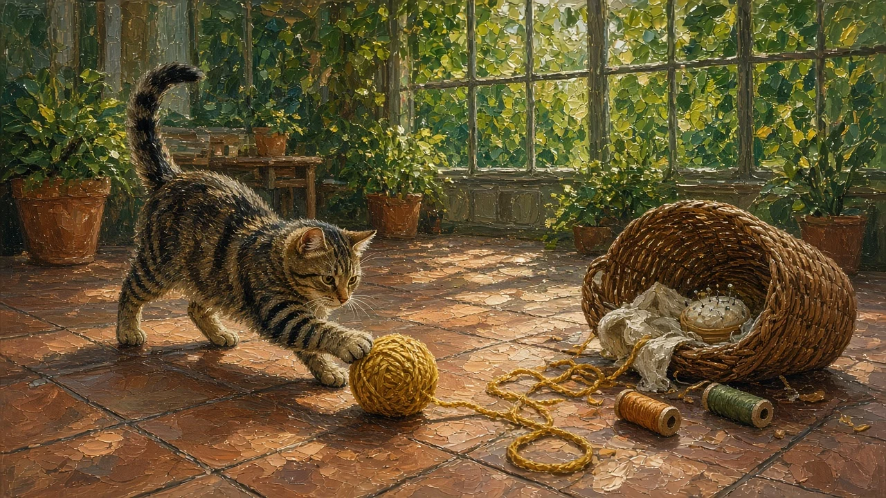 Impressionist Oil Study of a Tabby Batting Mustard Yarn beside Wicker Basket