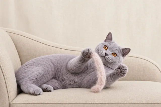 Lilac British Shorthair Playfully Reclining with Powder Pink Wool
