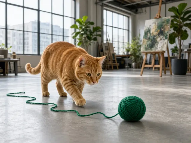 Ginger Tom Pouncing Toward Emerald Yarn across Sunlit Studio Loft