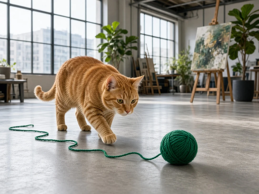 Ginger Tom Pouncing Toward Emerald Yarn across Sunlit Studio Loft