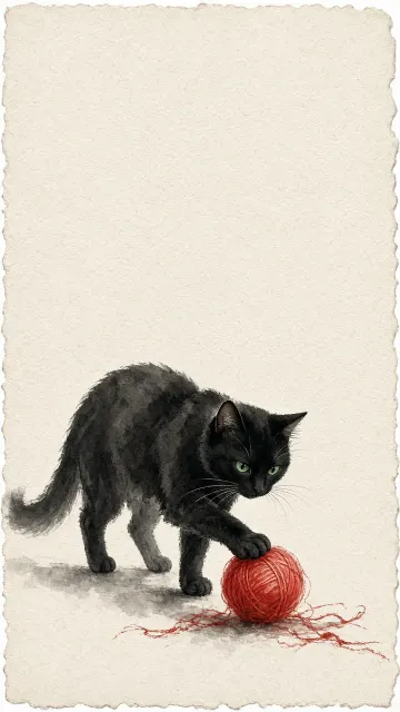 Minimalist Ink and Watercolor Illustration of Black Cat with Coral Thread