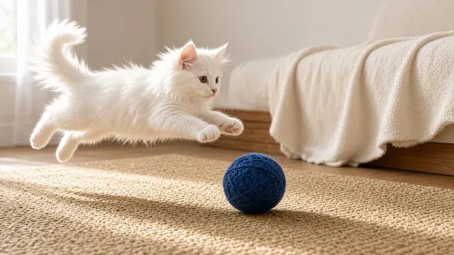 Turkish Angora Kitten Leaping over Indigo Yarn Ball on Linen Rug