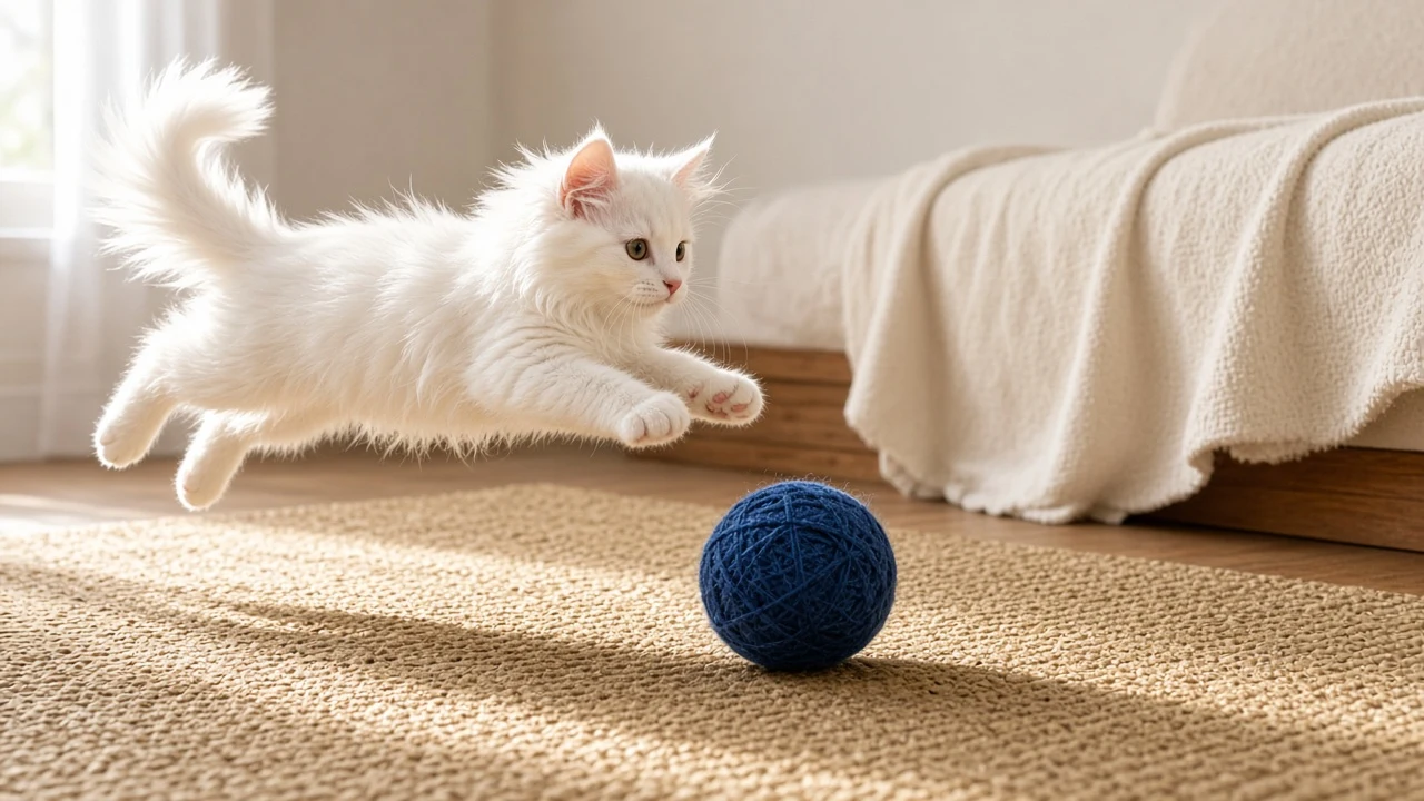 Turkish Angora Kitten Leaping over Indigo Yarn Ball on Linen Rug
