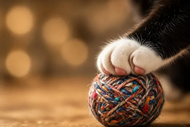 Macro Focus on Tuxedo Cat Paw Tapping a Multicolored Tweed Yarn Ball