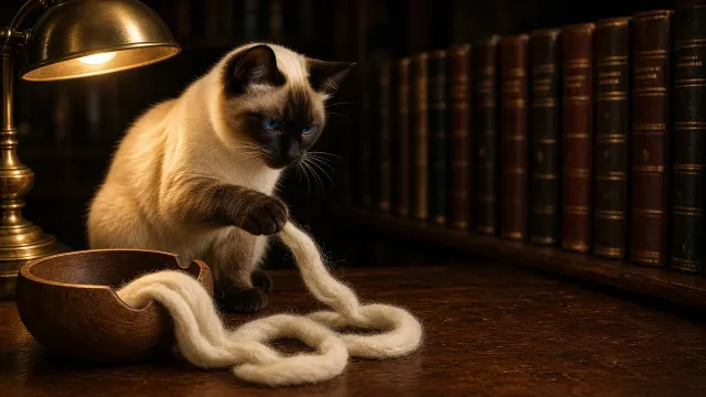 Siamese Cat Inspecting an Unspooled Wooden Yarn Bowl in Library Nook