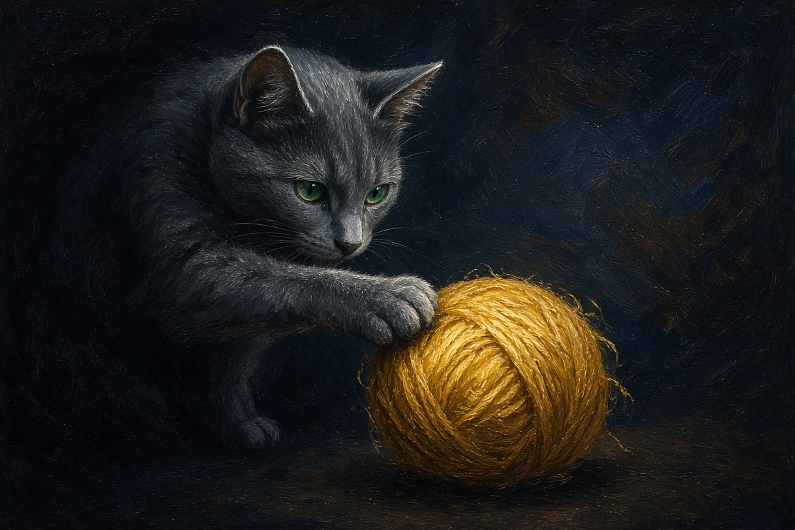 Chiaroscuro Acrylic Painting of Russian Blue Cat with Goldenrod Yarn