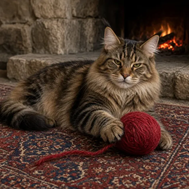 Maine Coon Lounging across Antique Persian Rug Nudging Crimson Yarn