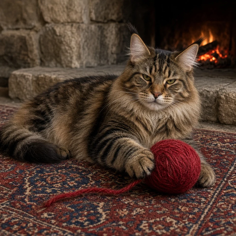 Maine Coon Lounging across Antique Persian Rug Nudging Crimson Yarn