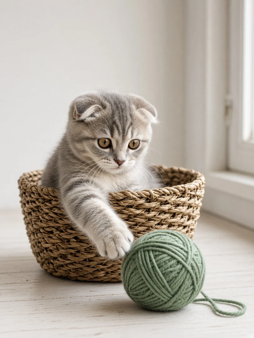 Scottish Fold Kitten in Woven Knitting Basket Batting Sage Merino