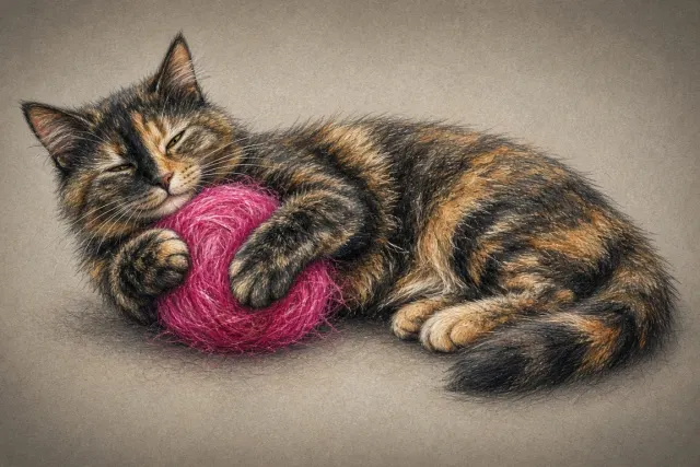 Color Pencil and Pastel Illustration of Tortoiseshell Cat with Magenta Yarn