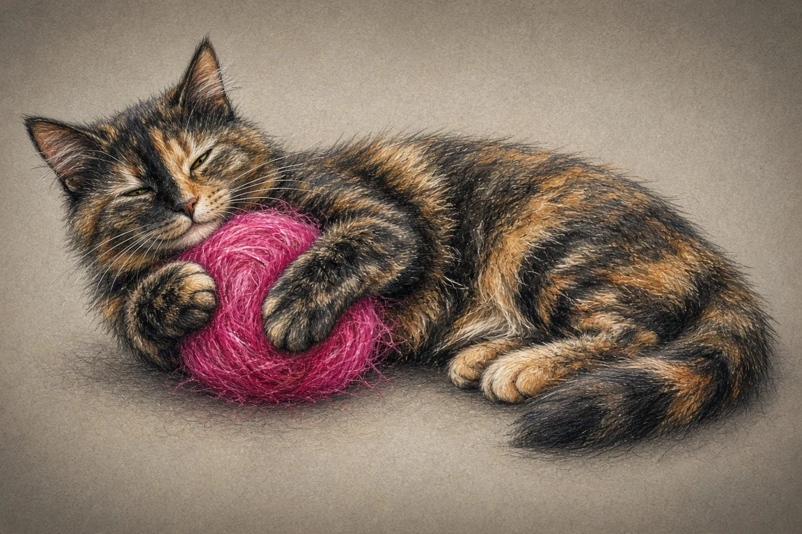 Color Pencil and Pastel Illustration of Tortoiseshell Cat with Magenta Yarn