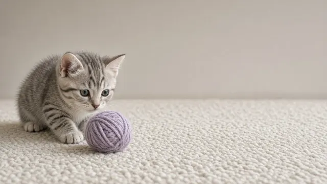 Silver Tabby Kitten on Pale Wool Rug with Lavender Yarn Wallpaper