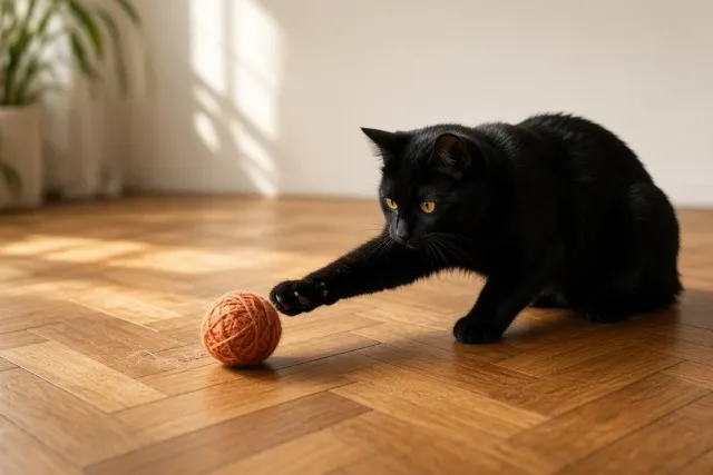 Golden-Eyed Black Cat Batting Terracotta Yarn on Parquet Flooring