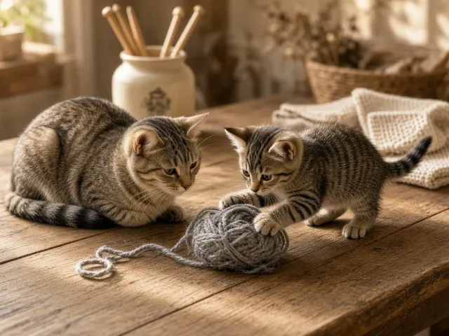 Mother Cat and Kitten Sharing Heather Gray Wool Skein on Craft Table