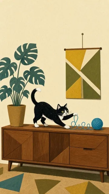 Mid-Century Gouache Illustration of Stylized Cat with Turquoise Yarn